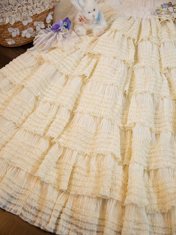 Tea Detail Under Beige Length Ruffles Skirt Tiered