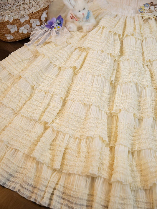 Tea Detail Under Beige Length Ruffles Skirt Tiered