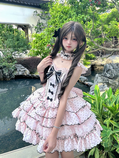 Ärmeln Stäbchen Abnehmbare Süße Taille Kleid mit Retro Polka Dots Lolita Rosa Puff