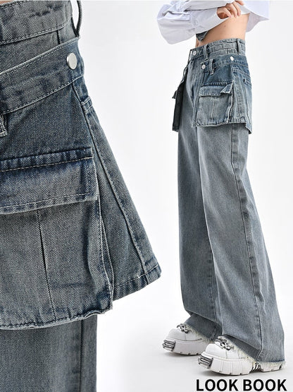 Wide-Leg Jeans with Detachable Skirt Accessory Blue Vintage