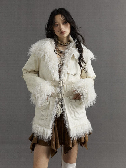 Silver Buckles and Studs Milk White Punk Loose Winter Coat