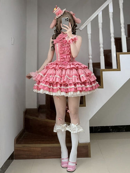 Sweet Bow Dress Ruffle Accents Lolita Pink Tiered Halter Rose Neck Skirt Idol