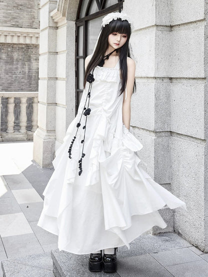 Dress Loose White Goth Ruffles Design Drawstring Cascading