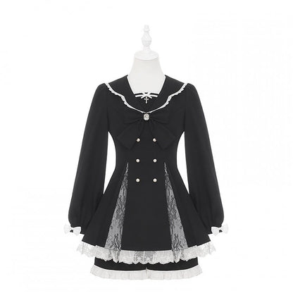 High Mini Coord with Dress Slit Matching Kei Black Set: Jirai Lace-Paneled Edgy Shorts
