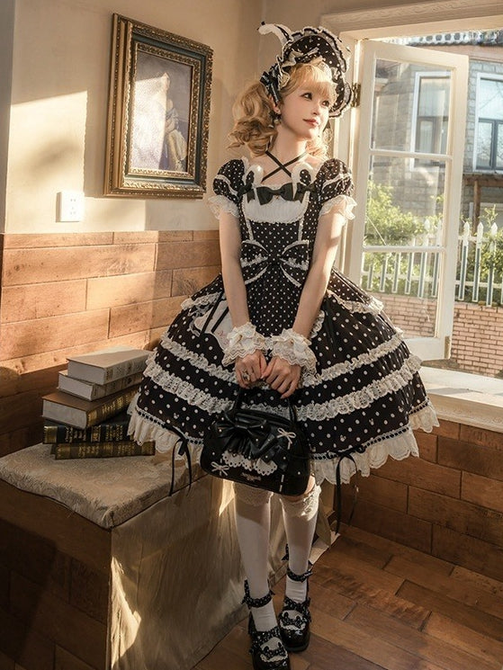 Bunny Plush Square Dress Polka Dots Sweet Lolita Pattern Neckline Black Ears