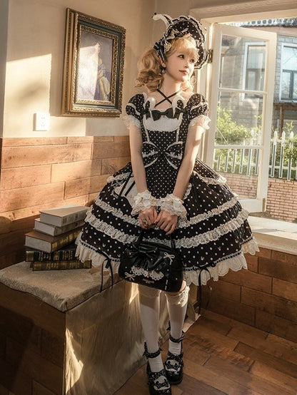Bunny Plush Square Dress Polka Dots Sweet Lolita Pattern Neckline Black Ears