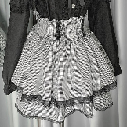 Skirt Tiered Jirai Details Kei Outfit- BlackWhite Plaid + Red Pleating Shirt