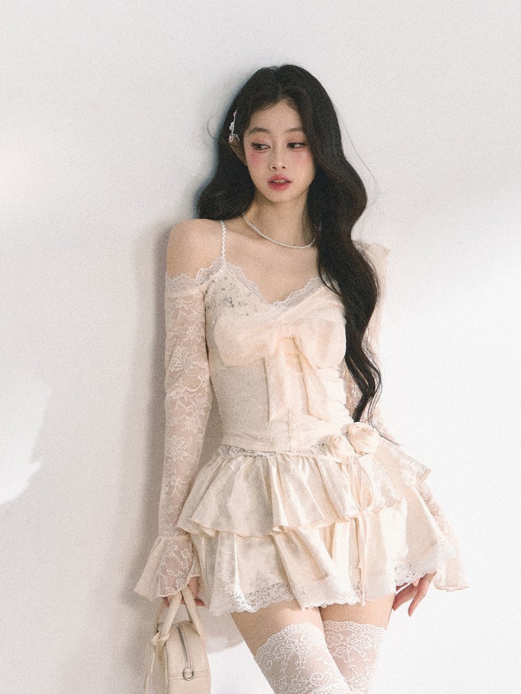 Shoulder Apricot V-Neck Cutout Big Bow Front Top