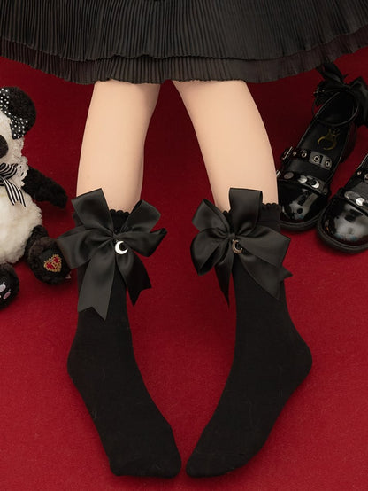 Black White Crescent Moon Charms Bownkot Lolita Socks