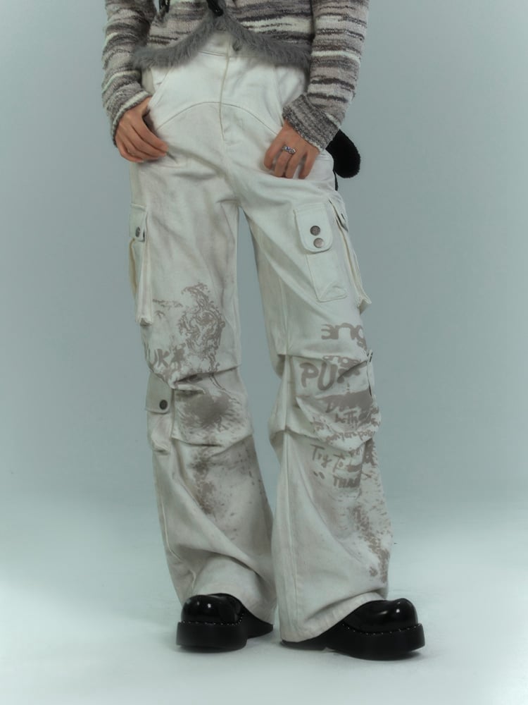 Punk White Streetwear Wide Leg Cargo Jeans