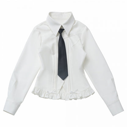 White Bowknot Details Ruffle Trim Shirt With A Tie