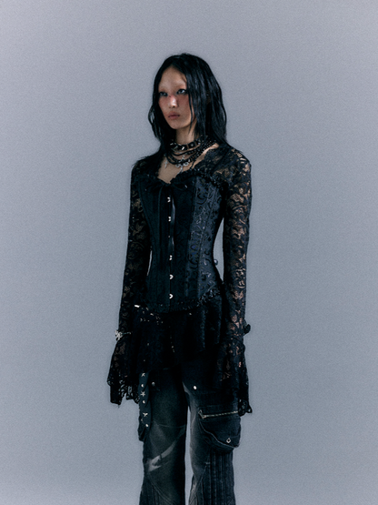 A-Line Mini Dress with Bell Sleeves Black Punk Semi-sheer Lace