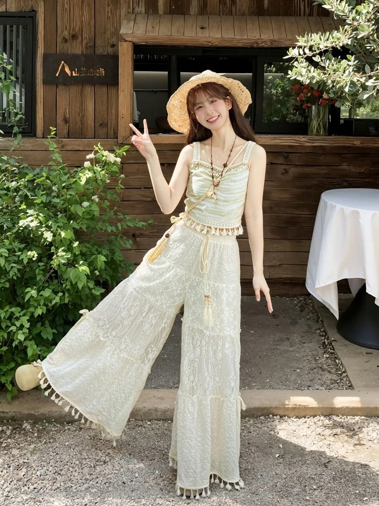 Waist Version White Drawstring Regular/Short Wide-Leg Pants with Tassel Cuffs Hollow-out