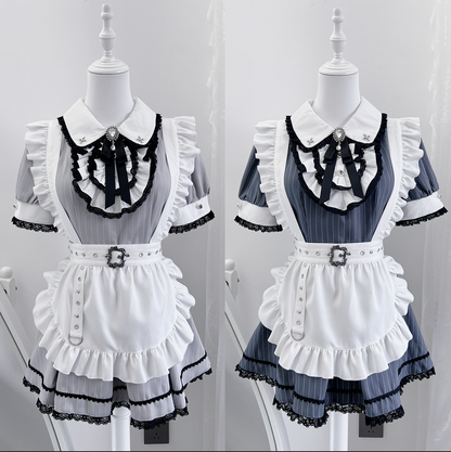 Shorts Pan Gray White Kei Stripes Collar Maid with and Set Peter Jirai Top