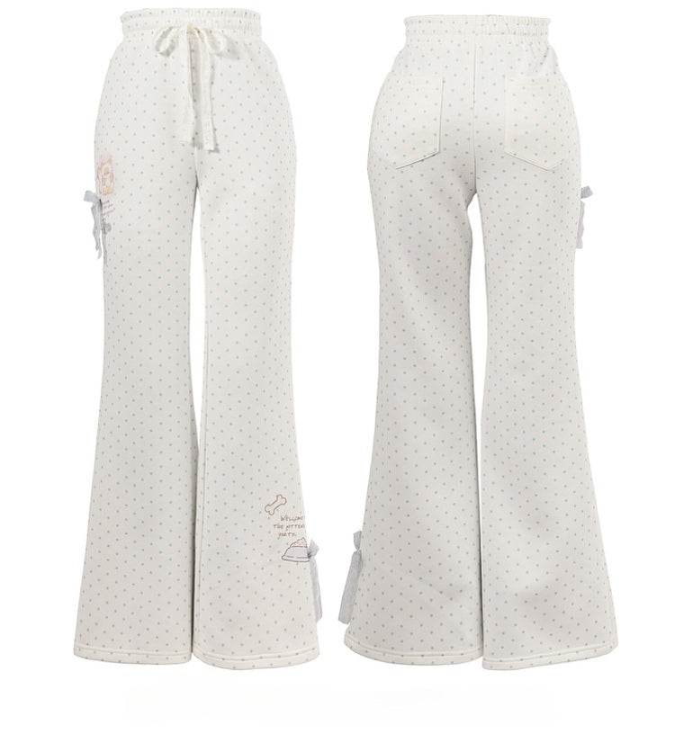 White Blue Flared Pants Version Regular/Long Polka-Dot Lace Bow Adorable Kitten Print