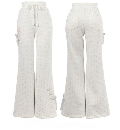 White Blue Flared Pants Version Regular/Long Polka-Dot Lace Bow Adorable Kitten Print