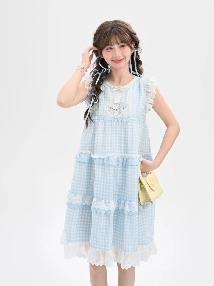 Sleeveless Dress Blue Plaid Tiered Flutter Bunny Embroidery Lace Sleeves Skirt Trim