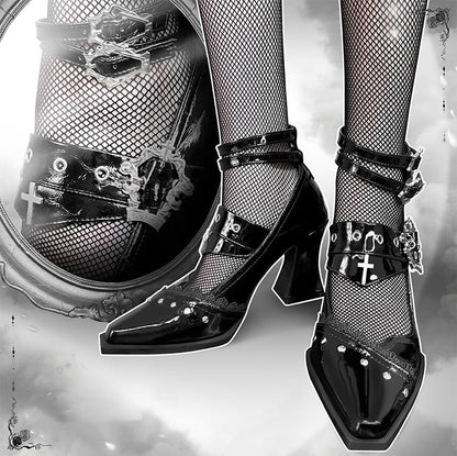 Toe Gothic Pointed Cross Punk Heels Coffin Metal in Buckles Black Block and Polished 8.5/5cm with