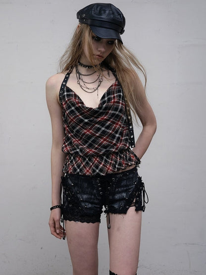 Punk Wasteland Halter Top Neck Neckline Trim Pattern BlackRed Glamorous Plaid Ruffles Cowl