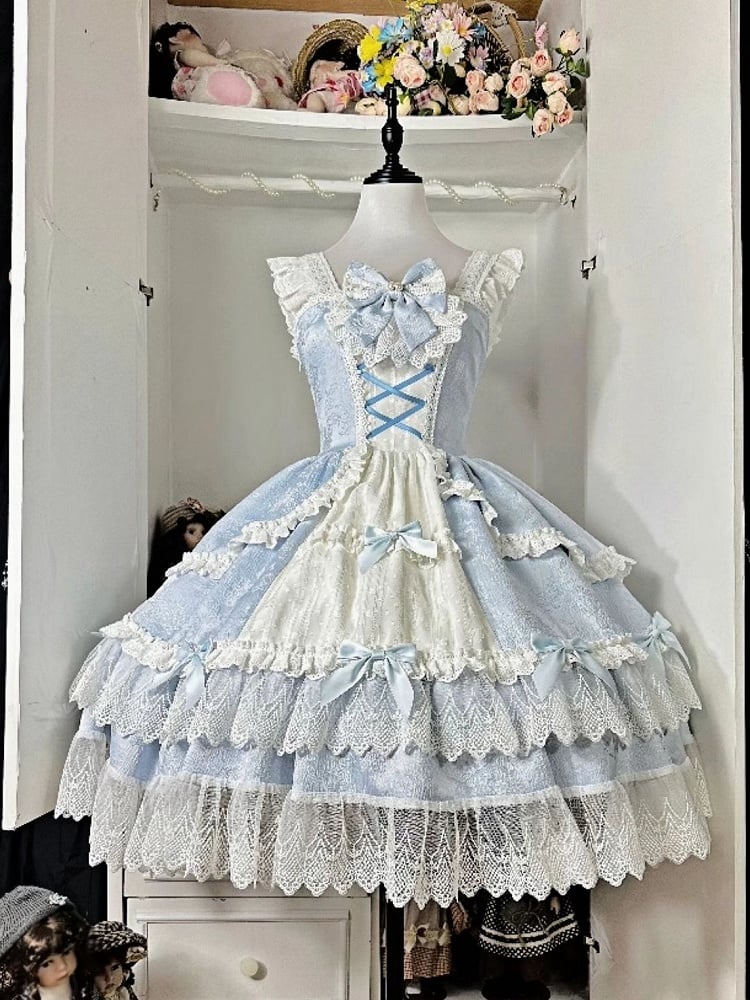 Blue and White Old School Lolita Fashion Dress Bowknot Detais JSK Set