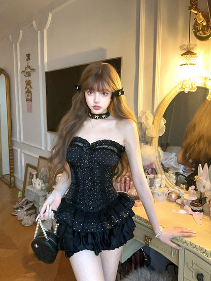 Corset Embroidery Bow Black Lace Bustier With Detachable Floral Ruffled