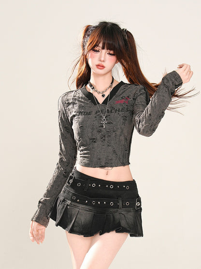 Black/Dark Gray V-Neck Distressed Holes Glamorous Cropped Top