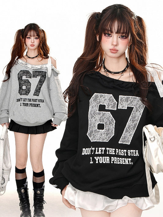 Black/Grey Lace Appliques Asymmetrical Neckline Sweatshirt