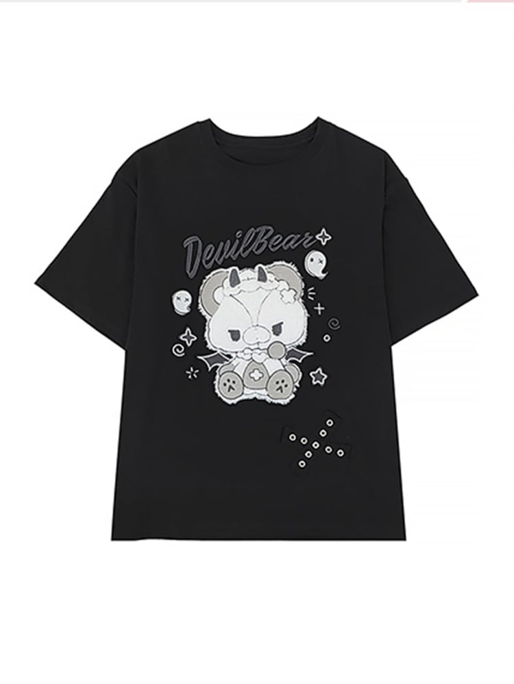 Black Evil Kitty Print T-shirt