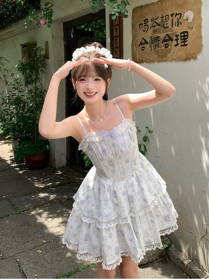 Skirt Short Floral Back Cami Dress Lace-up Version Light Blue Lace Trim Tiered with
