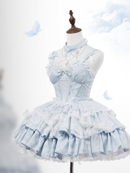 Robe bleu clair à taille corset et jupe superposée style lolita Balletcore