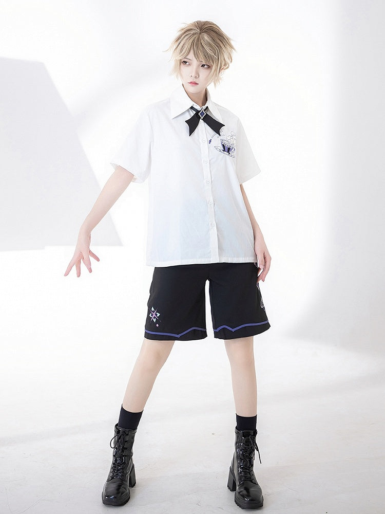 White Fashion Tea Cup Ouji Summer Embroidery Shirt Pocket