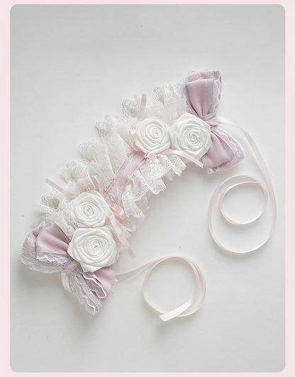 Serre-tête Lolita rose à volants et bordure en dentelle florale et nœud