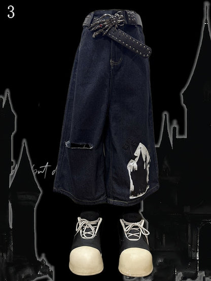 Shorts mit Kreuzapplikation, dunkelblau, Distressed-Löcher, weites Bein, Cargo, Y2K