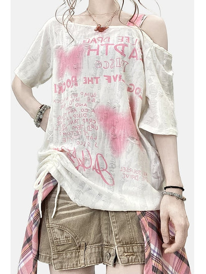 Asymmetrisches Y2K Bittersweet Neckline Letter Butterfly T-Shirt Off-White und Print