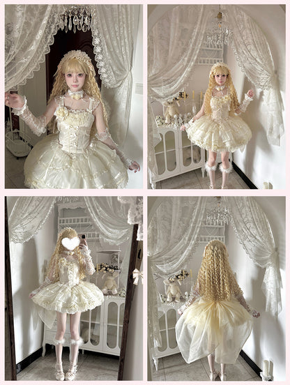 Beige Flutter Sleeves Bowknots JSK Dress on Balletcore Sweet Lolita Puffy Bodice