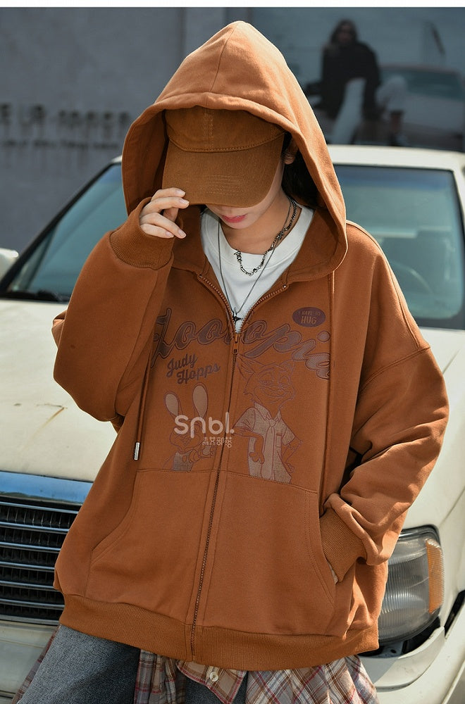 Zootopia Judy and Nick Print Brown Zip Hoodie