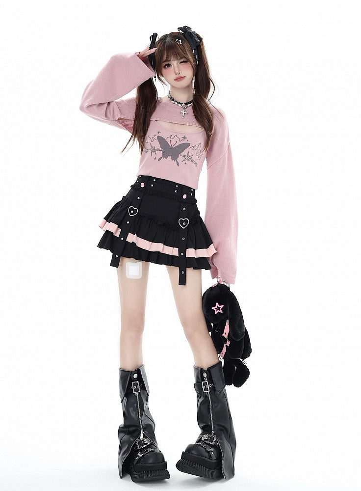 Black Pink Ruffles Tiered Mini and Skirt