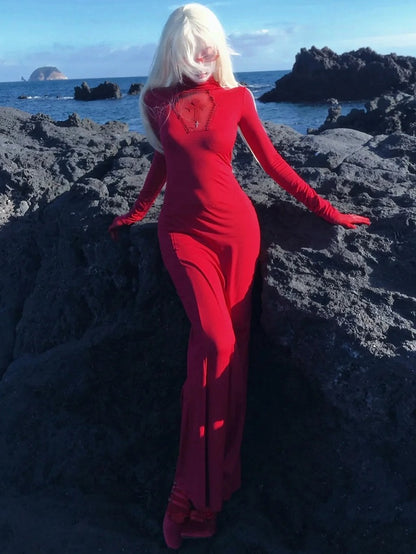Gothic Red Coffin Cutout Cross Details High Neck Mermaid Skirt Maxi Dress