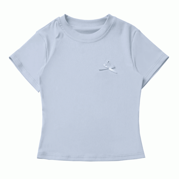 T-Shirt Round Neck Bowknot Detail Blue