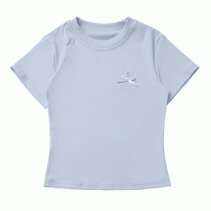 T-Shirt Round Neck Bowknot Detail Blue