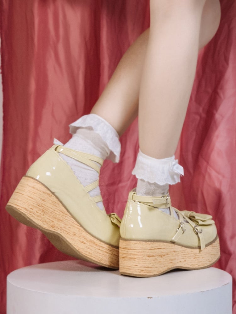 Sweet Round Crisscross Polished Toe Bow Yellow Platforms Design - Lolita Accents