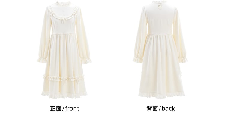 Robe à manches longues et col à volants avec nœud blanc