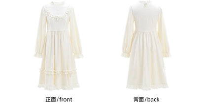 Robe à manches longues et col à volants avec nœud blanc