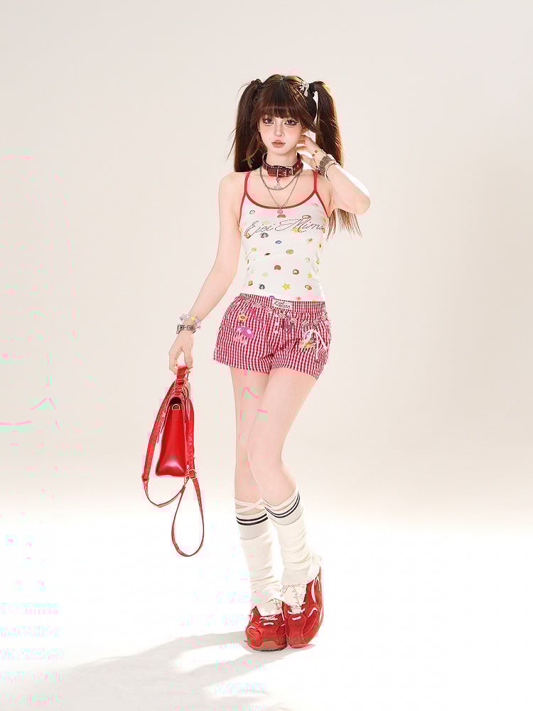 Red Plaid Straight-Leg Casual Shorts