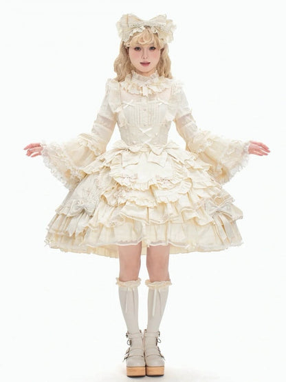 Accents Dress Beige Layered Hem Under Ruffle Sweet Lolita with Bust Bow