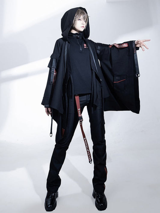 Buckle Hooded Lolita Techwear Ouji Strappy Jacket Black