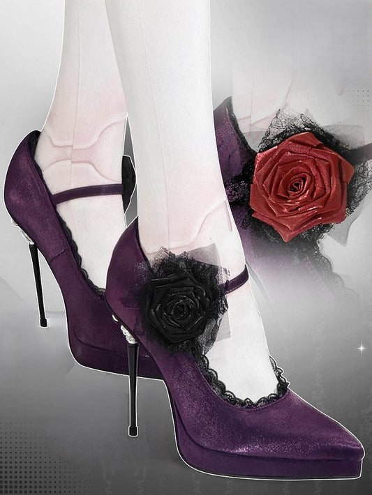 Satin Heels Gothic Pointed Purple Floral High Decorated Toe
