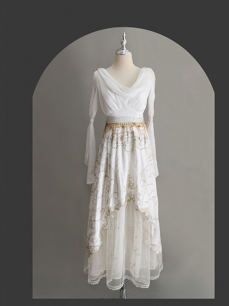 Neckline Greek Style Skirt Cowl Gold Jumper Celestial Map Embroidery White