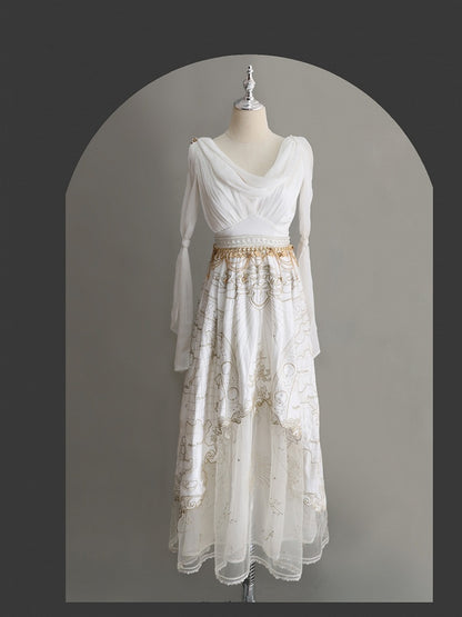 Neckline Greek Style Skirt Cowl Gold Jumper Celestial Map Embroidery White