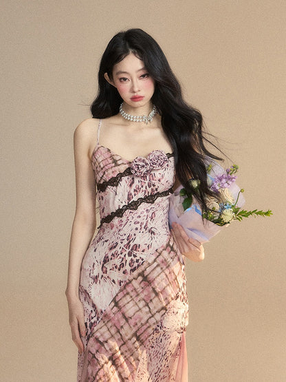 Glamorous Lace Floral Embellished Pattern Pink Leopard Trim Slip Dress